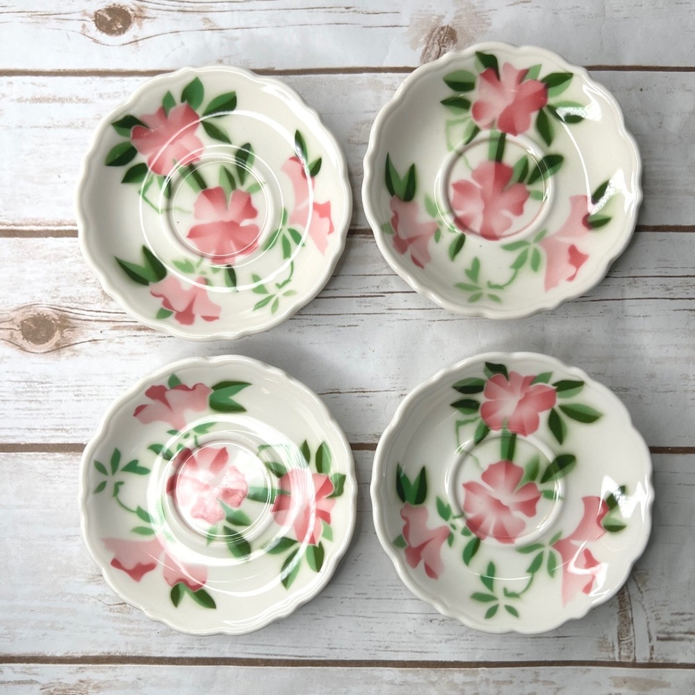 Syracuse China Saucers White Pink Floral Scalloped Vintage Set of 4 5.5in